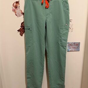 Figs Women's Sage Green Cargo Scrub Pants with Orange Drawstring